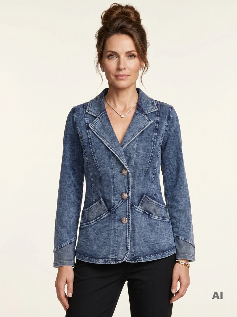 Elegancka marynarka damska jeans look – prosty fason z wysmuklającymi pionowymi szwami 41720