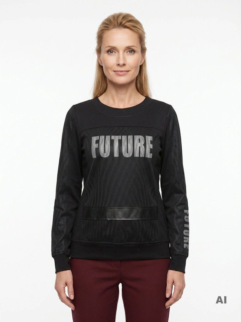 Czarna bawełniana bluza z siateczką i wstawką z ekoskóry – stylowy model z napisem FUTURE i ściągaczami 31203