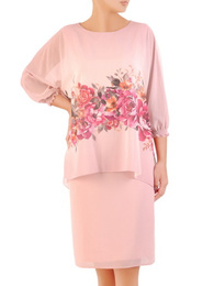 Szyfonowa sukienka z maskującą narzutką i kwiatowym printem 33014