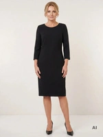 Elegancka czarna sukienka midi o prostym kroju – modelujące sylwetkę przeszycia i kieszenie 38721
