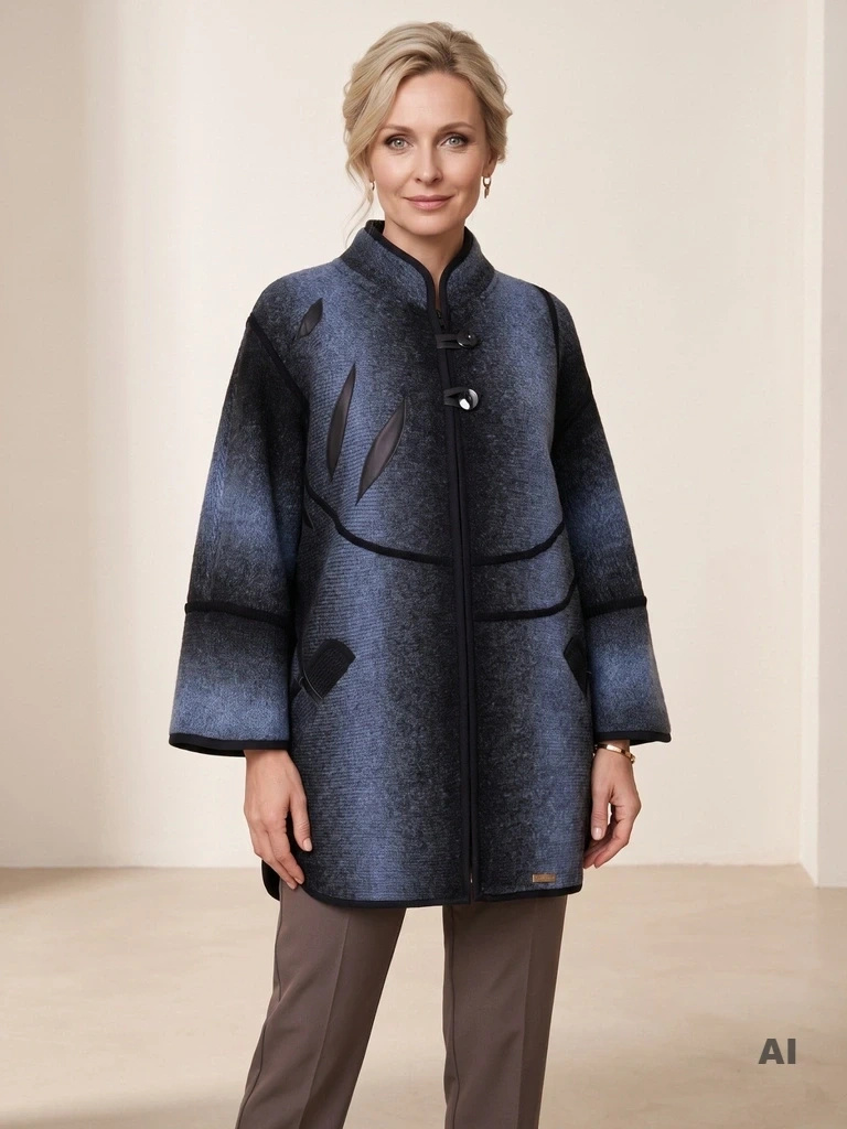 Elegancki granatowy sweter z kieszeniami – luźny fason ze stójką idealny na jesień 42179