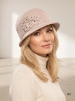 Elegancki kapelusz damski cloche jasny beż – ocieplany model z kwiatową aplikacją i regulacją 42387