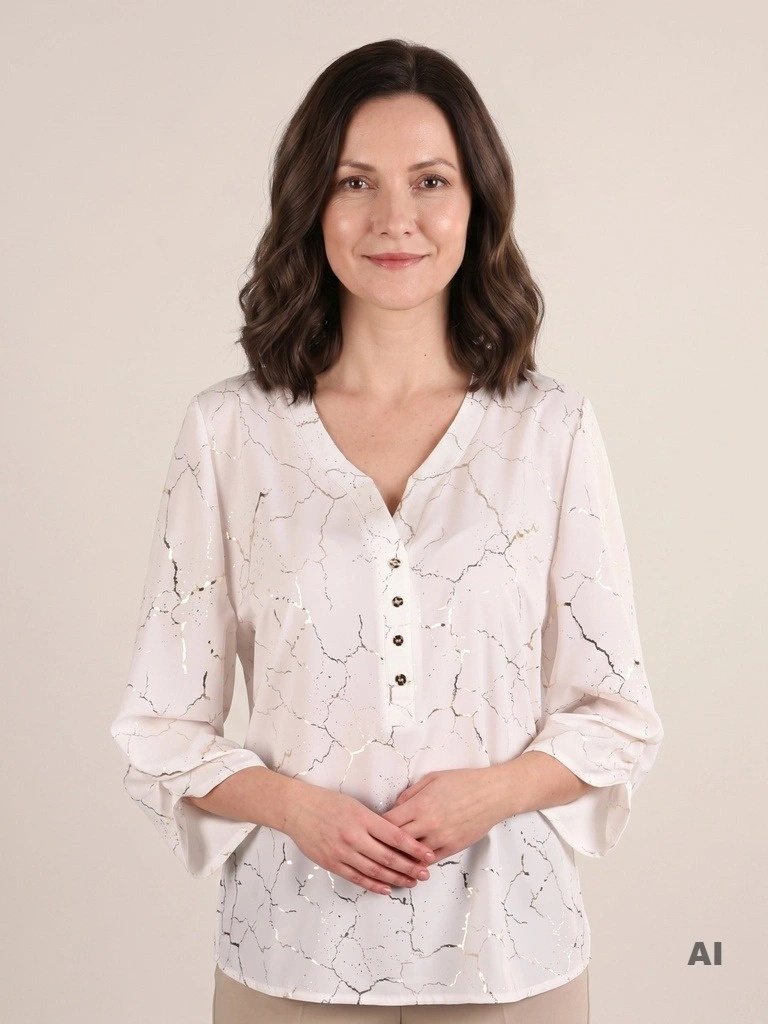 Elegancka bluzka plus size w odcieniach ecru o prostym fasonie – z dekoltem V i modnym złotym wzorem 41091
