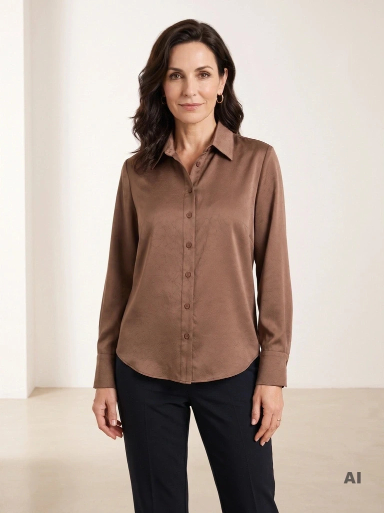 Brązowa koszula damska fango z kołnierzykiem – prosty fason z zaokrąglonym dołem 42458