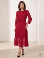 Elegancka bordowa sukienka rozkloszowana maxi na wesele – szyfonowy rękaw i pasek modelujący talię 41030
