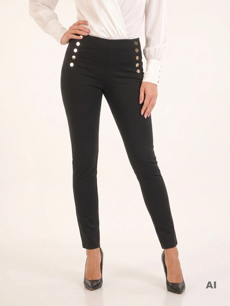 Eleganckie czarne legginsy z wysokim stanem – modelujące sylwetkę z ozdobnymi guzikami 32999