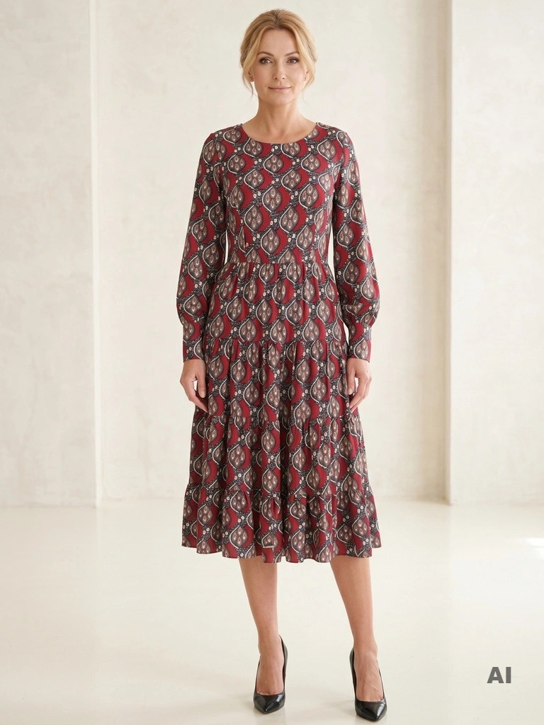 Bordowo-granatowa sukienka midi plus size – wyszczuplający trapezowy fason na jesień, z długim rękawem 38662