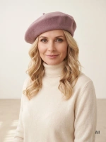 Wełniany beret damski w kolorze brudnego wrzosu – elegancki fason z wełny merynosa w stylu francuskim 40897