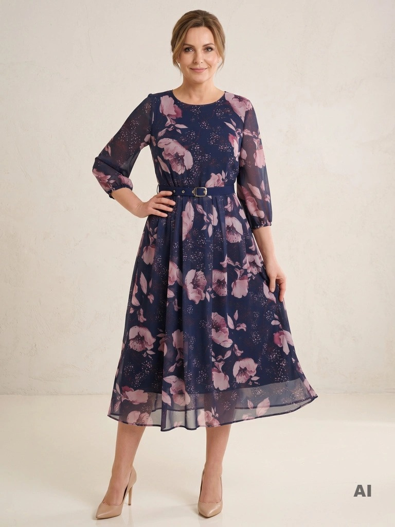 Elegancka granatowa sukienka maxi w kwiaty – rozkloszowany fason wysmuklający sylwetkę 39296