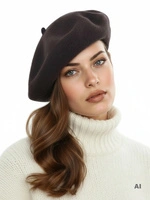 Antracytowy beret damski z wełny merynosów – gładki model z antenką w eleganckim francuskim stylu 40863