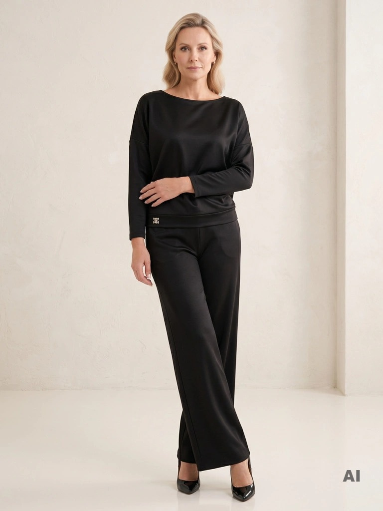 Czarny komplet dzianinowy w stylu miejskiej elegancji – bluza kimono i szerokie spodnie z kieszeniami 40639