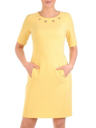 Wizytowa sukienka damska, żółta kreacja z ozdobnym dekoltem 29849