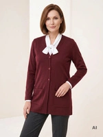 Bordowy sweter damski rozpinany o prostym kroju – elegancki model z kieszeniami i dekoltem w serek 38970