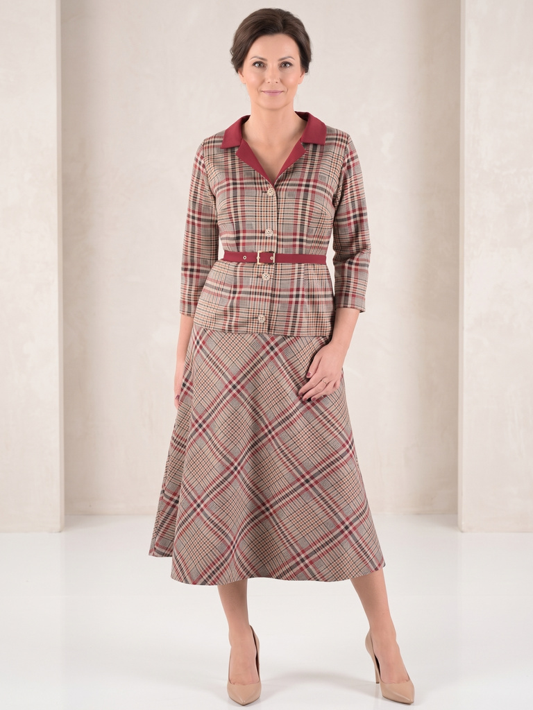 Sukienka jesienna maxi w kratę – elegancka sukienka z kołnierzem i paskiem, beżowo-bordowa kreacja 40457