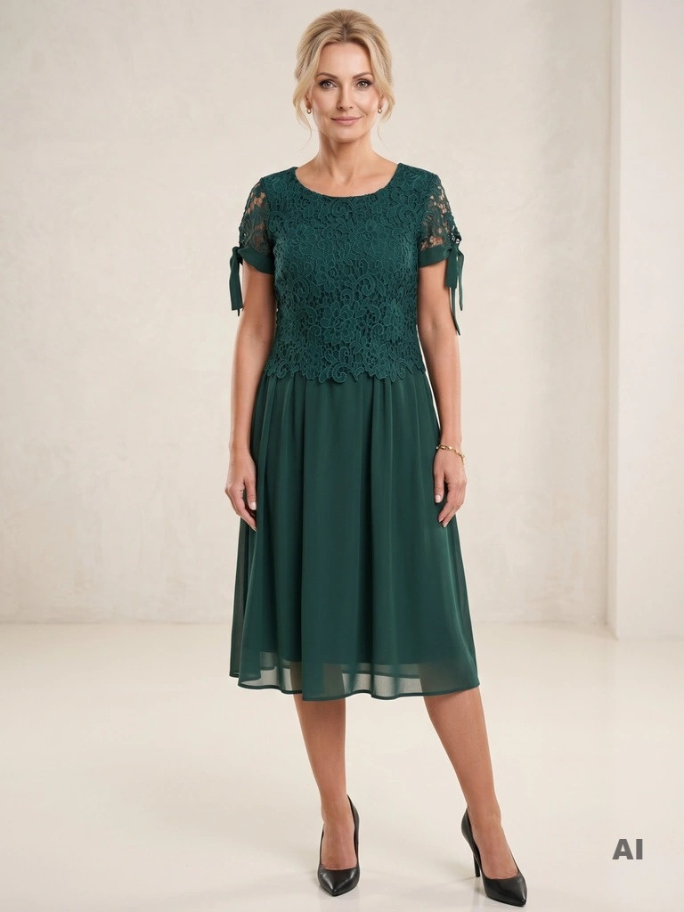 Butelkowozielona sukienka midi plus size na wesele – elegancka góra z gipiury i rozkloszowany dół, tuszuje brzuszek 29424