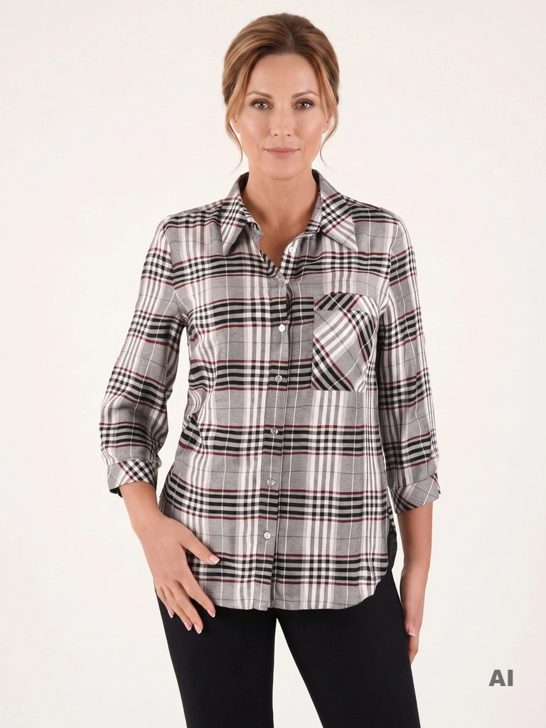 Elegancka koszula damska plus size w kratkę – wygodna dzianina z wiskozy z rękawem 3/4, idealna na co dzień 40628