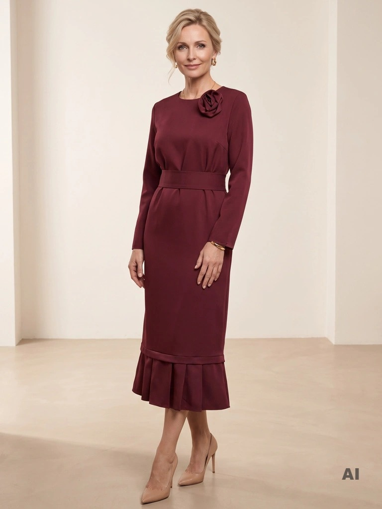 Elegancka bordowa sukienka maxi na wesele z dekoltem łódka – modny krój z paskiem i odpinanym kwiatem 42027