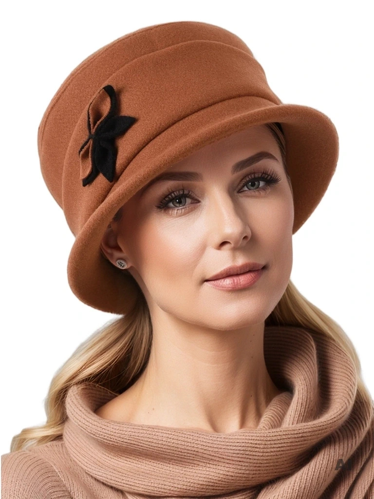 Stylowy kapelusz damski dla 50 latki – brązowy cloche z ozdobną kokardą, elegancja na jesień i zimę 40523