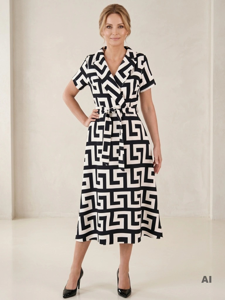 Czarno-biała sukienka midi w geometryczny wzór – rozkloszowana, kopertowy dekolt z kołnierzykiem, plus size na wesele 38303