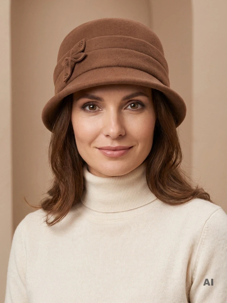 Elegancki kapelusz cloche damski w kolorze karmelowym – zdobiony cyrkoniami, idealny do płaszcza 40905