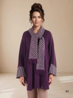 Elegancki fioletowy sweter damski z wiązaniem – luźny krój z zaokrąglonym dołem na jesień 42166