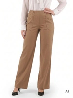 Eleganckie beżowe spodnie wide leg z wysokim stanem – komfortowe i modelujące sylwetkę plus size 39197
