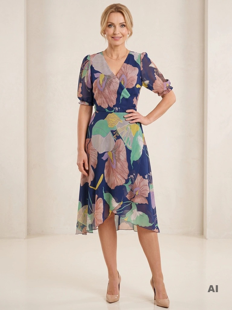 Elegancka sukienka w kwiaty dla mamy weselnej – rozkloszowany szyfon wysmuklający talię 28996