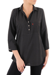 Koszula damska w groszki, czarna bluzka koszulowa z kieszonką 38049