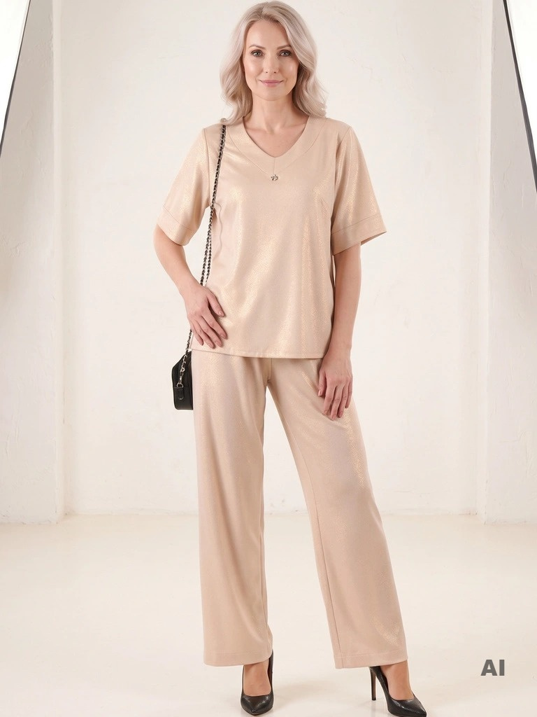 Złoty komplet damski wysmuklający na wesele i komunię – eleganckie spodnie wide leg i bluzka V-neck 39817
