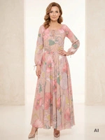 Elegancka sukienka rozkloszowana maxi w kwiaty – wysmuklający fason z długim rękawem 29935