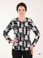 Elegancka bluzka w czarno-biały geometryczny wzór z ozdobnymi guzikami – prosty fason wysmuklający sylwetkę 36708