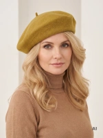 Oliwkowy beret damski z wełny merynosów – klasyczny francuski fason z antenką na jesień i zimę 40872