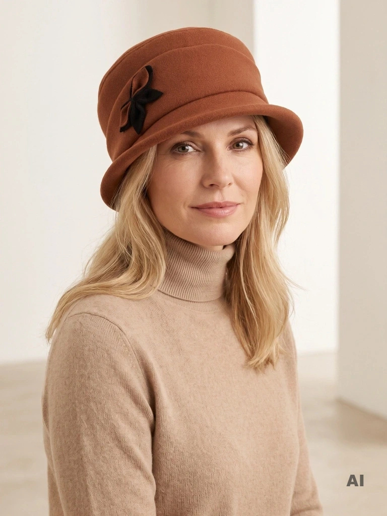 Stylowy kapelusz damski dla 50 latki – brązowy cloche z ozdobną kokardą, elegancja na jesień i zimę 40523