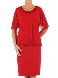 Czerwona sukienka wizytowa, kreacja z szyfonową narzutką 22133
