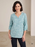 Miętowa bluzka plus size w abstrakcyjny wzór – prosty fason wysmuklający linię szyi, idealna na lato 41947