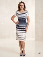 Elegancka sukienka midi w kontrastowy print o prostym kroju – wysmuklająca sylwetkę kreacja do biura 41544