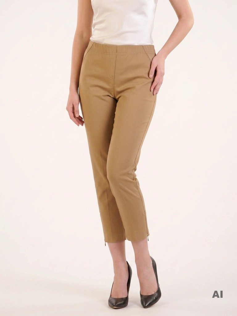 Eleganckie beżowe rybaczki 7/8 z ozdobnymi suwakami – komfortowy fason na lato i do pracy plus size 35354