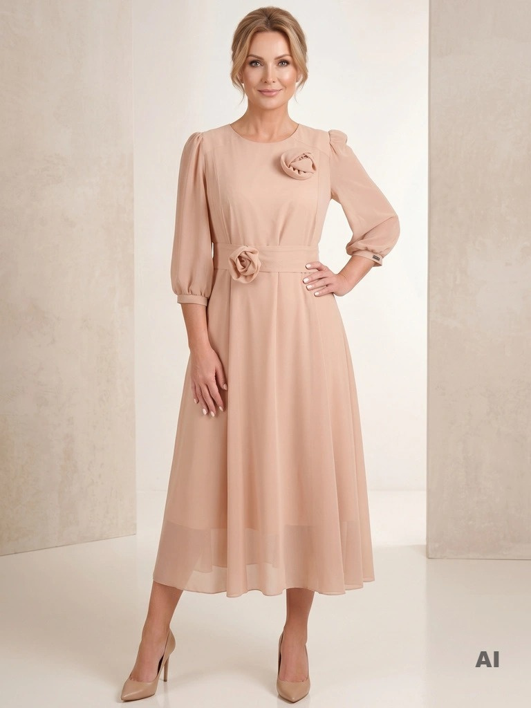 Beżowa sukienka damska maxi – elegancka sukienka na wesele dla mamy i 50 latki, rozkloszowana sukienka wizytowa z szyfonowymi rękawami 3/4 41267