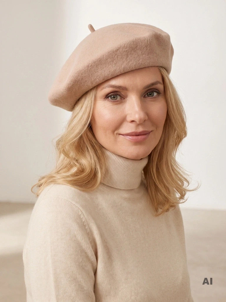 Beżowy beret damski 100% wełna – klasyczny fason francuski z antenką, idealny do płaszcza i trenczu 40902