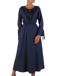 Długa sukienka z modnym żabotem 17396, elegancka sukienka na jesień.