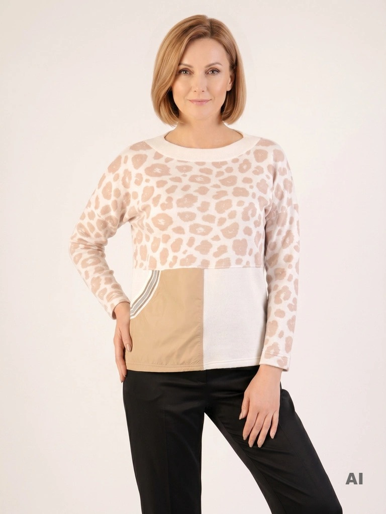 Elegancki sweter w beżową panterkę z dekoltem łódka – fason z wyszczuplającymi wstawkami 34828