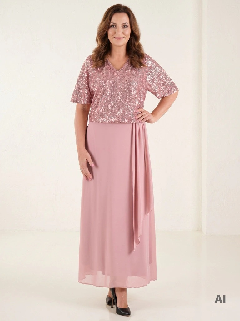 Sukienka na wesele 2026 plus size – maxi w kolorze brudnego różu z cekinami i szyfonowym dołem, fason wyszczuplający 40193