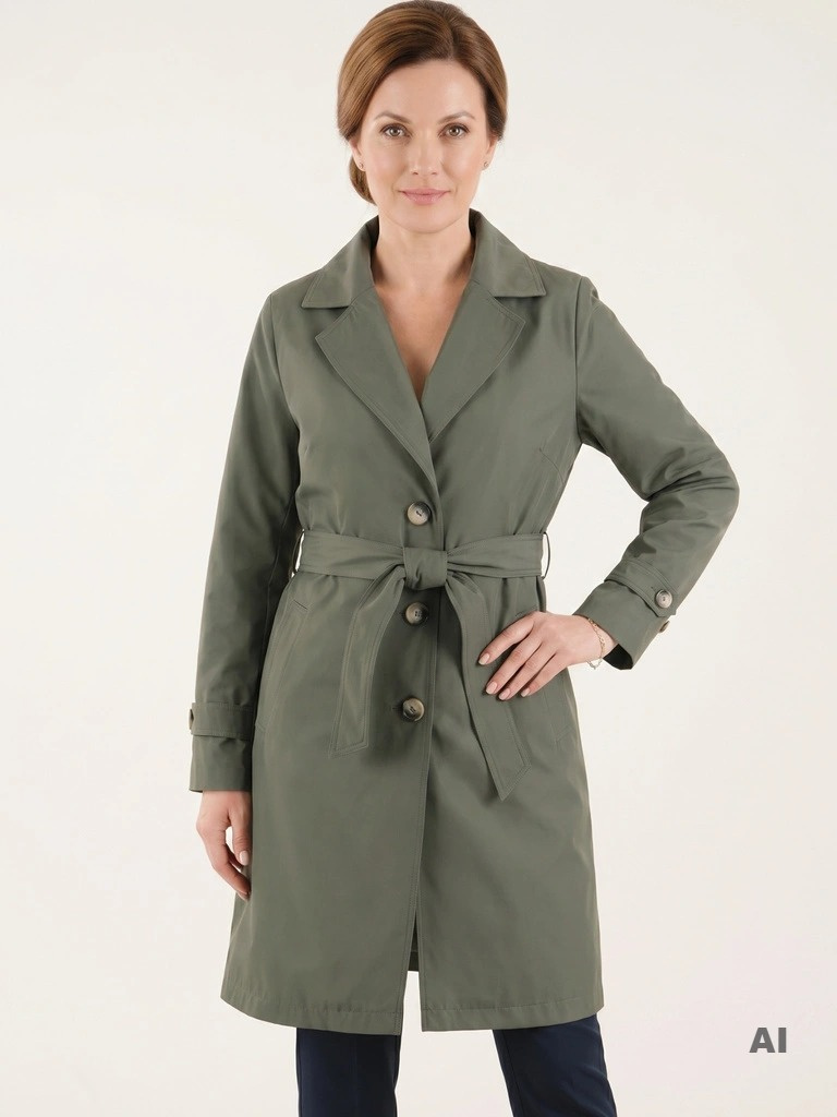 Klasyczny trencz damski khaki z paskiem podkreślającym talię – elegancki płaszcz przejściowy na wiosnę 39409