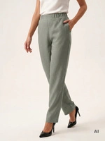Eleganckie lniane spodnie damskie wide leg khaki z gumką w pasie – wysmuklające sylwetkę na lato i do biura 39529