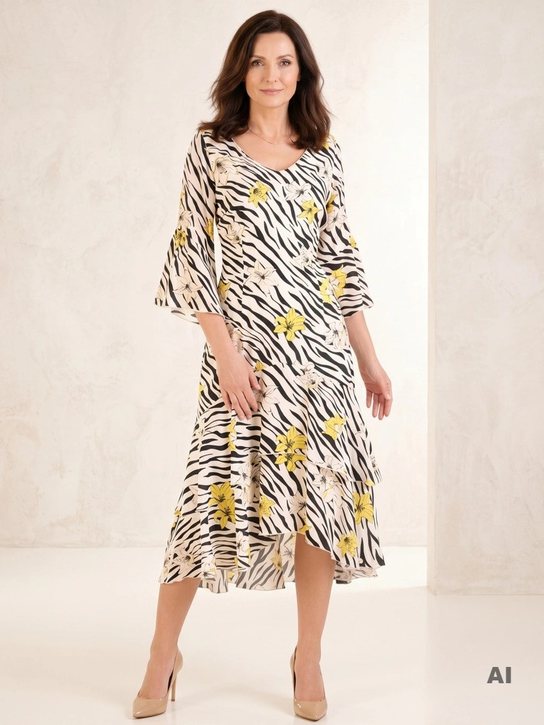 Zwiewna sukienka midi w zwierzęcy print zebra i żółte kwiaty – asymetryczna z falbanami, idealna na wesele 29517