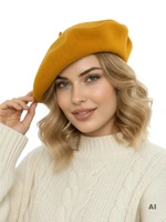 Żółty beret damski wełniany – klasyczny fason francuski z antenką, stylowy dodatek do płaszcza na jesień 40882