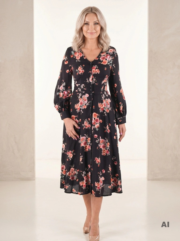 Sukienka rozkloszowana – czarna midi z kwiatowym wzorem, długa elegancka sukienka z wiskozy 40351