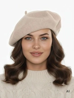 Elegancki beżowy beret damski z wełny merynosów – klasyczny fason francuski z antenką do płaszcza 40881