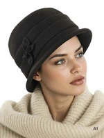 Czarny kapelusz damski cloche – elegancki model zimowy z ozdobnym kwiatem, cyrkoniami i podszewką 40909